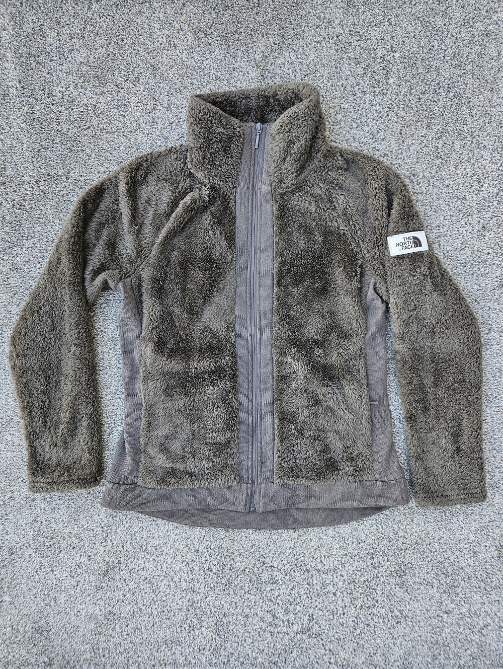 The North Face Furry Fleece Jacket Womens M Gray Patch Full Zip Pockets Outdoors